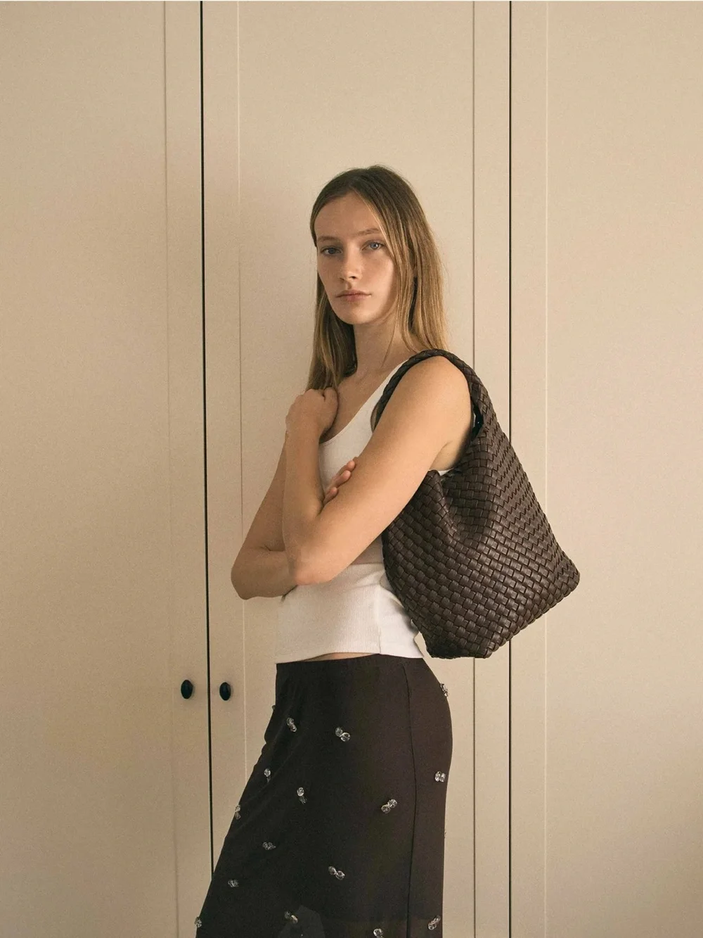NWT Rylan Alt-Leather Small Woven Tote brown (with pouch and dust bag)